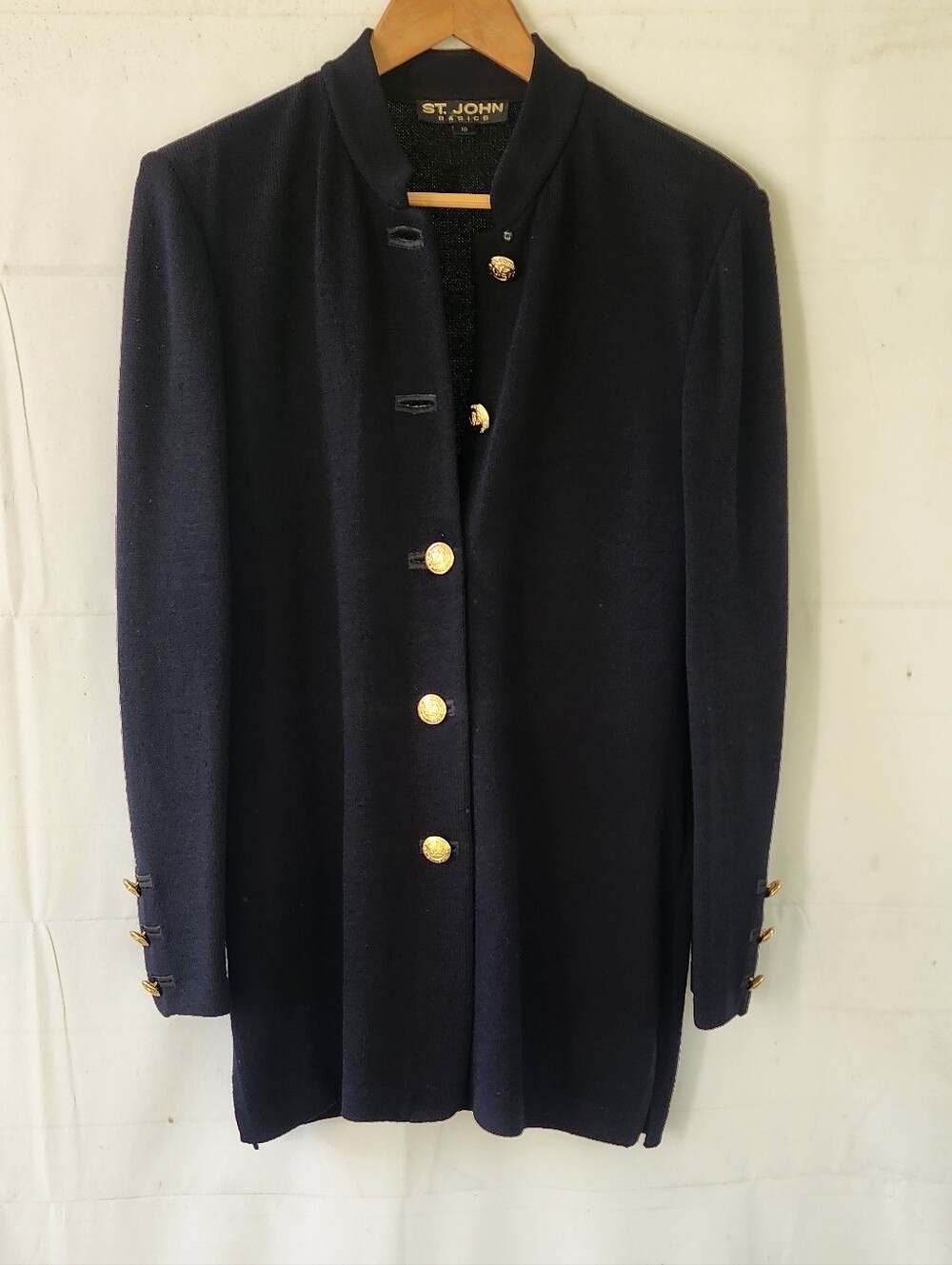 St. John Black Knit Longline Blazer with Gold Buttons